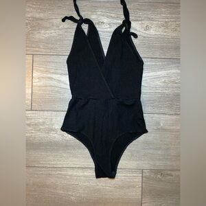 EUC Reformation Black Ribbed Deep V Tie Shoulder Faux Wrap Crossover Bodysuit